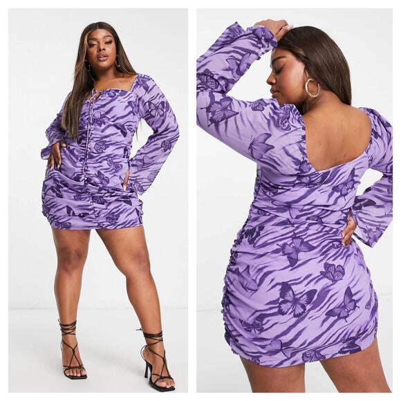 NWT ASOS Design Keyhole Purple Butterfly Print Mini Dress Size 10 Buttons Y2K - Picture 12 of 12